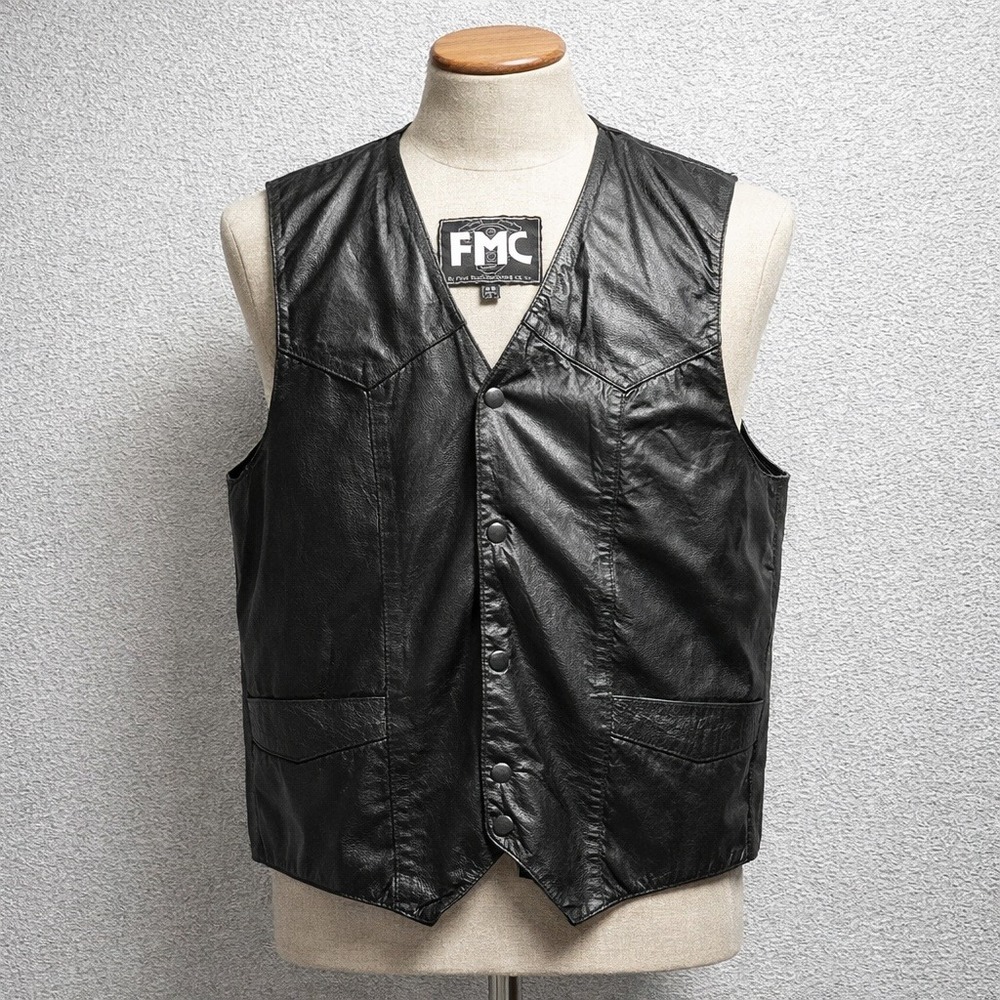 FMC Mens Black‎ Leather Motorcycle Vest Size 48 By First Manufacturing Co